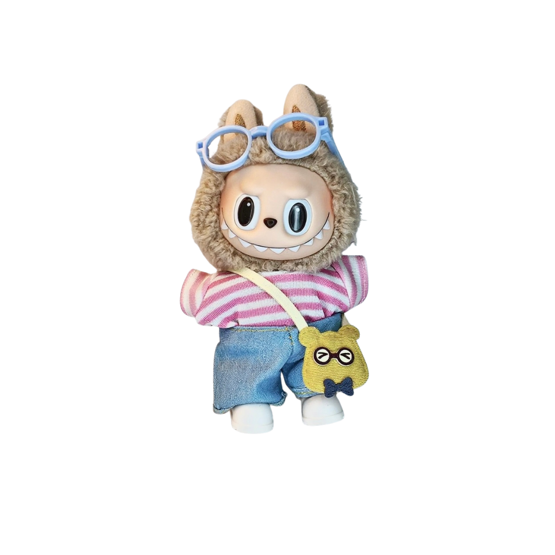 Blind Box Island Labubu outfit set with blue glasses, pink striped cardigan, denim jeans, and yellow bear crossbody bag. Fits Labubu Exciting Macarons, Big Into Energy, Have a Seat series.