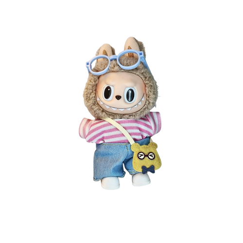 Blind Box Island Labubu outfit set with blue glasses, pink striped cardigan, denim jeans, and yellow bear crossbody bag. Fits Labubu Exciting Macarons, Big Into Energy, Have a Seat series.
